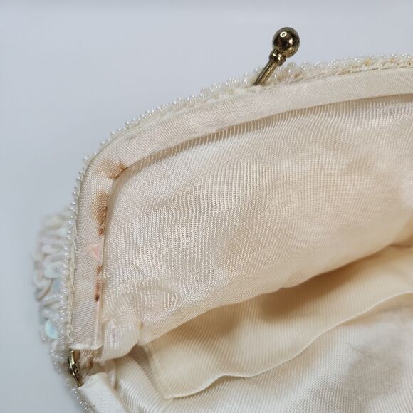 Vtg Handmade White Pearl Bead Sequin Clutch Evening Bag Gold Chain Clasp - Picture 6 of 16